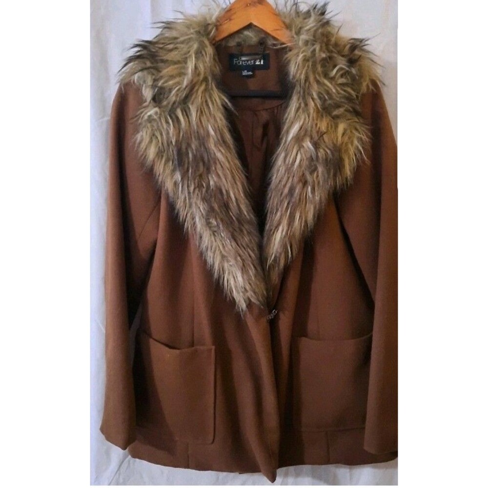 Forever 21 Faux Fur Collar, Wool, Polyester Womens Large Brown Y2K Retro Coat